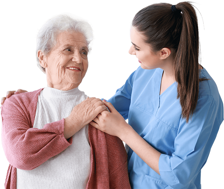 Caregiver puts hands on smiling senior woman.
