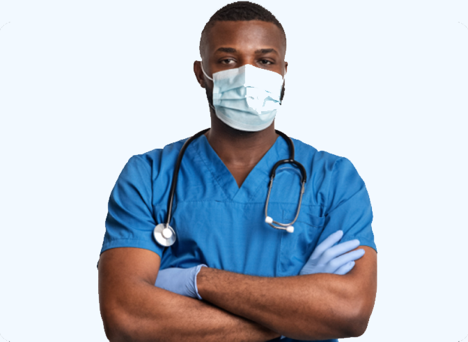 Healthcare worker with mask and stethoscope.