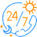 24/7 care icon with sun and moon.