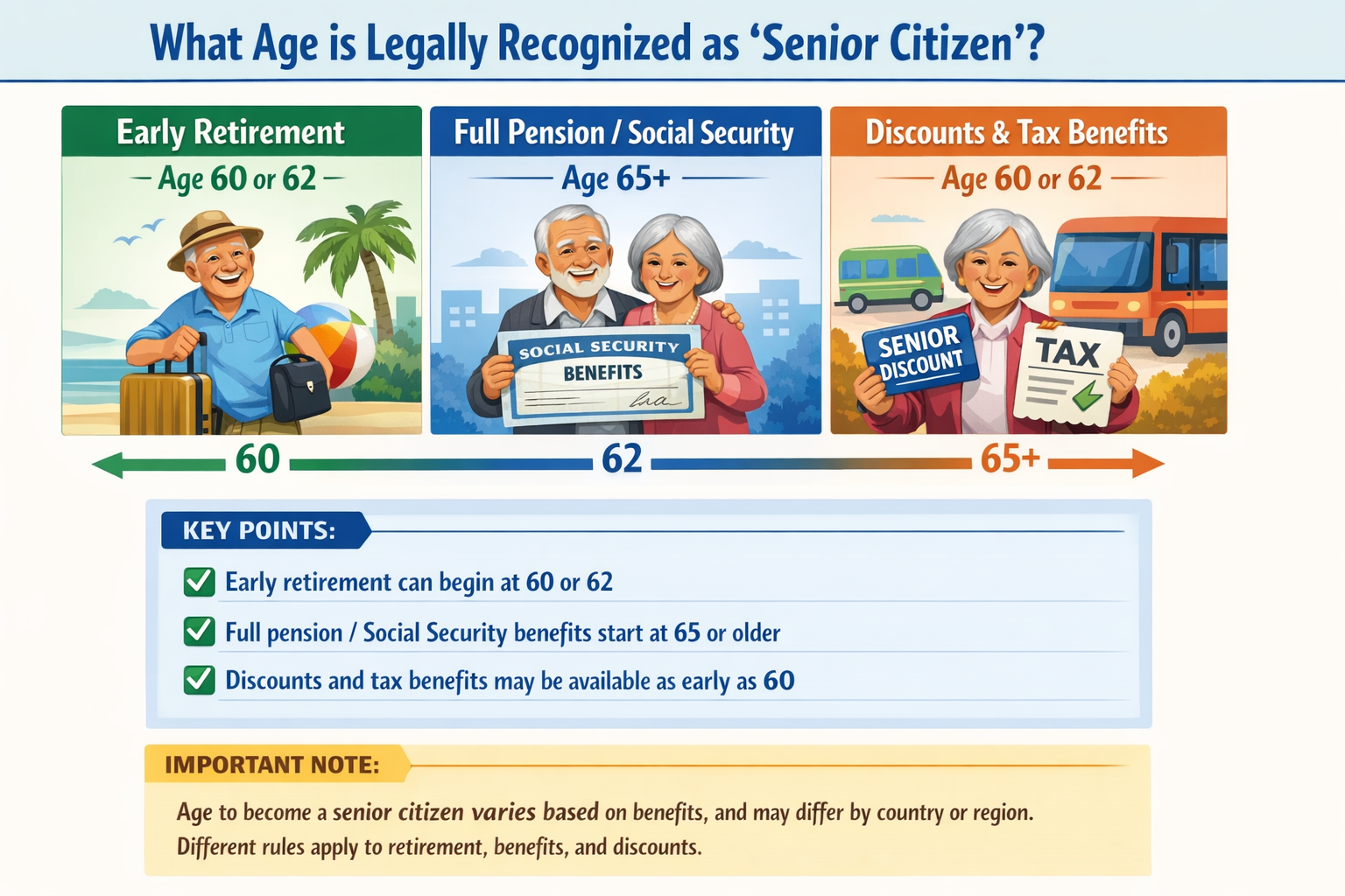 Infographic explaining the legal age for being recognized as a senior citizen, including ages for retirement benefits, government assistance, and pension eligibility, with variations at 60-62 for early retirement and 67-70 for full benefits.
