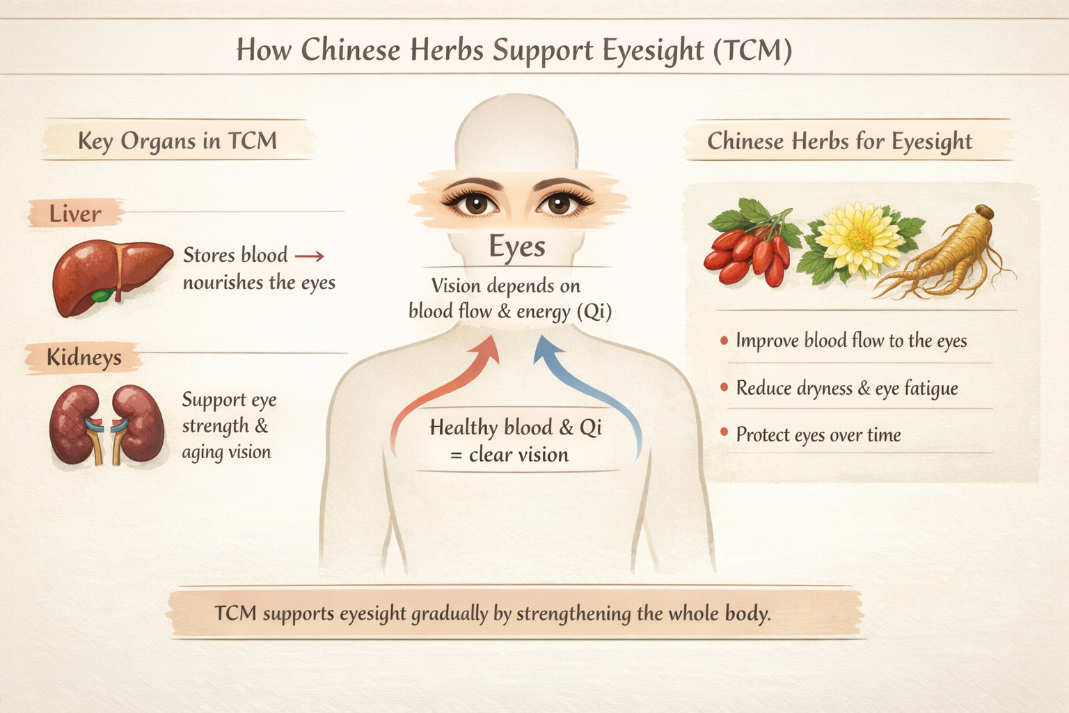 Top Chinese herbs traditionally used to support eyesight, shown alongside a close-up of a healthy human eye