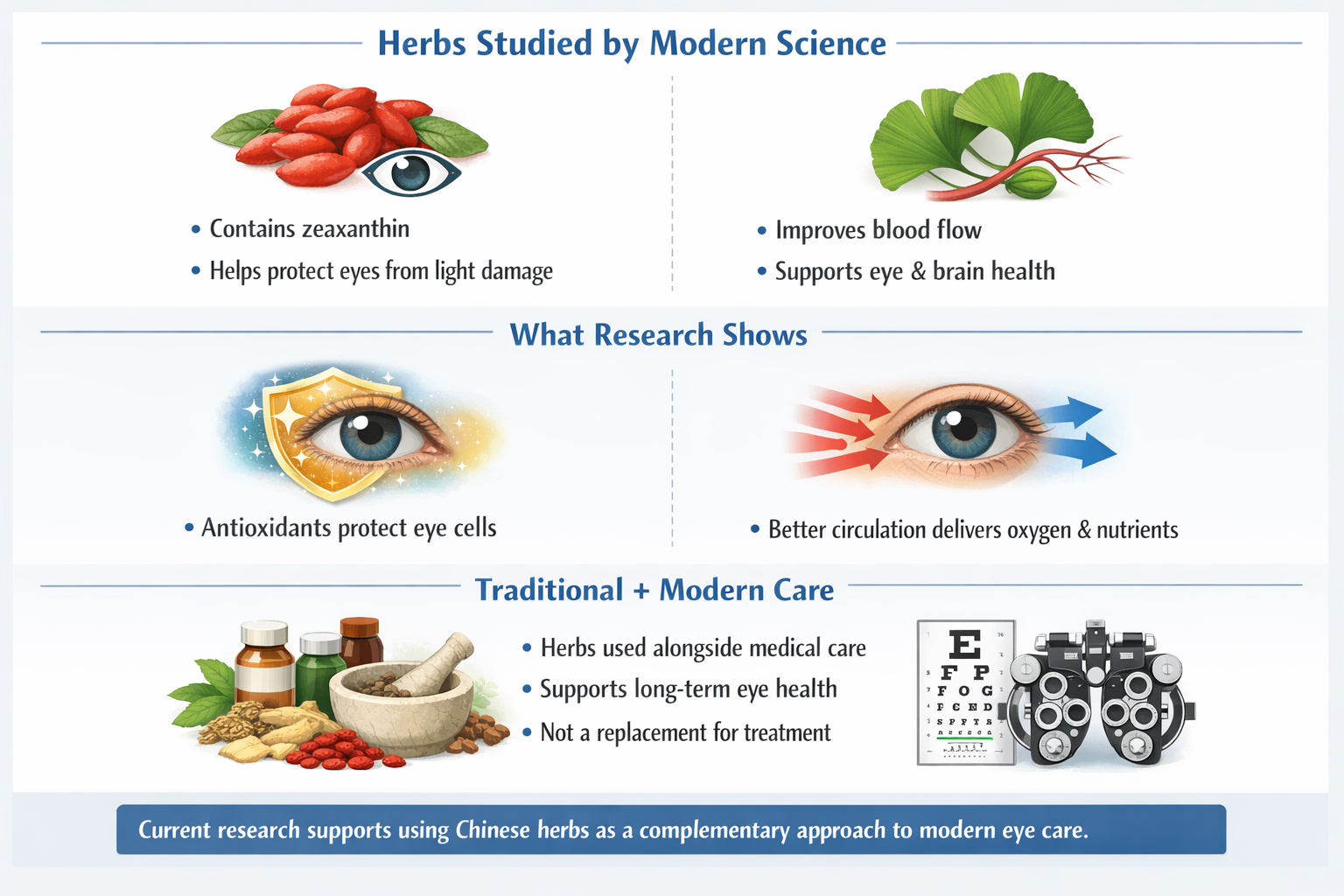 Infographic showing scientific research on Chinese herbs for eye health, including goji berries, ginkgo biloba, antioxidants, and modern eye care integration.