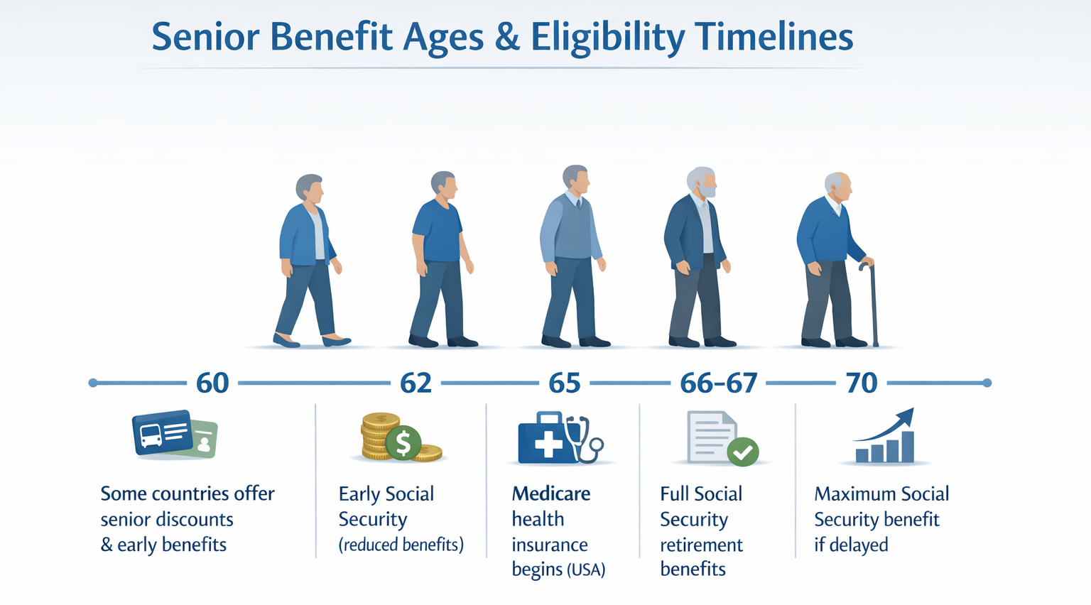 Timeline showing when senior citizens can access Social Security, Medicare, and retirement benefits by age.