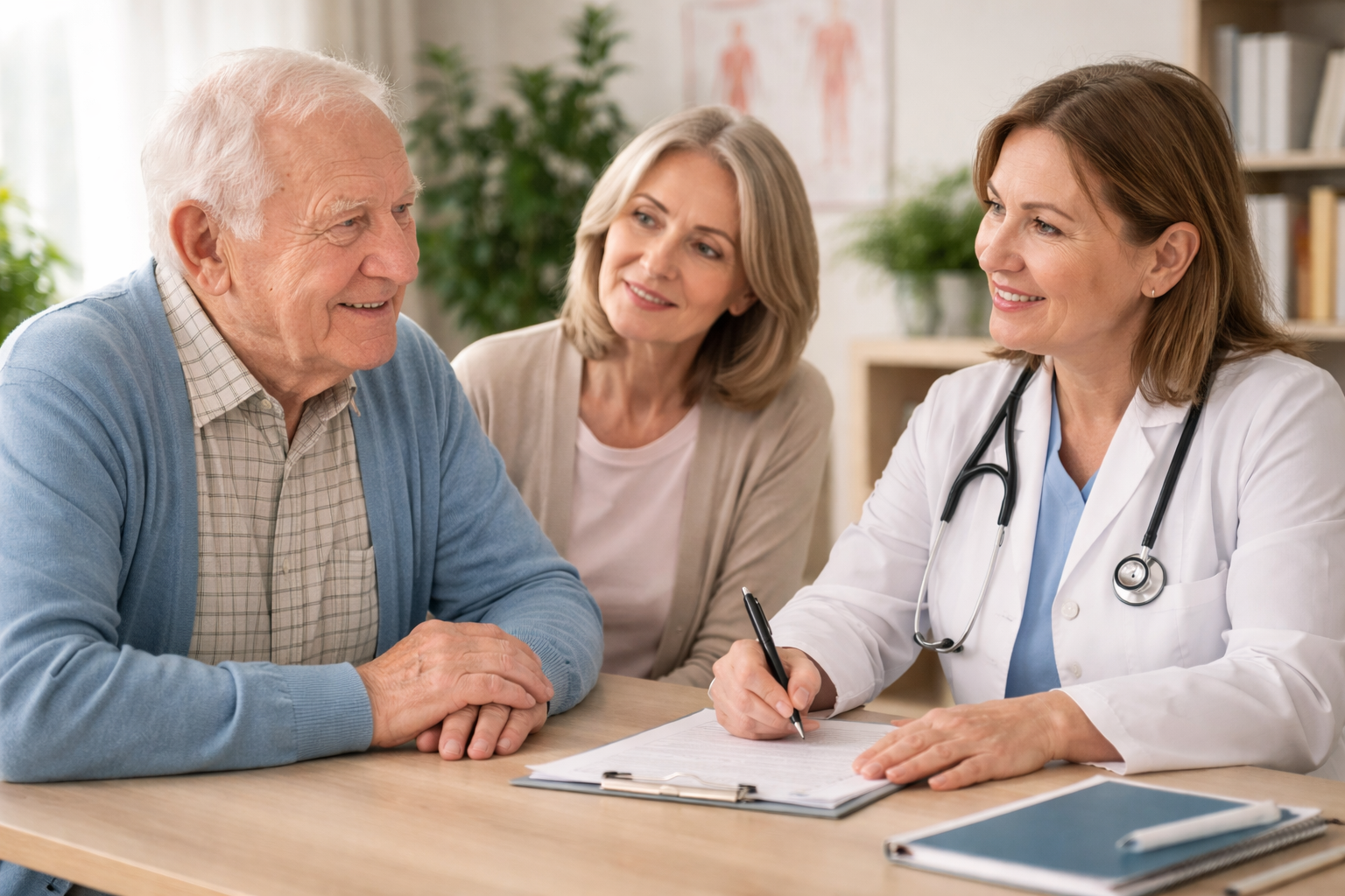 Doctor discussing treatment plan with senior patient and caregiver during a medical consultation