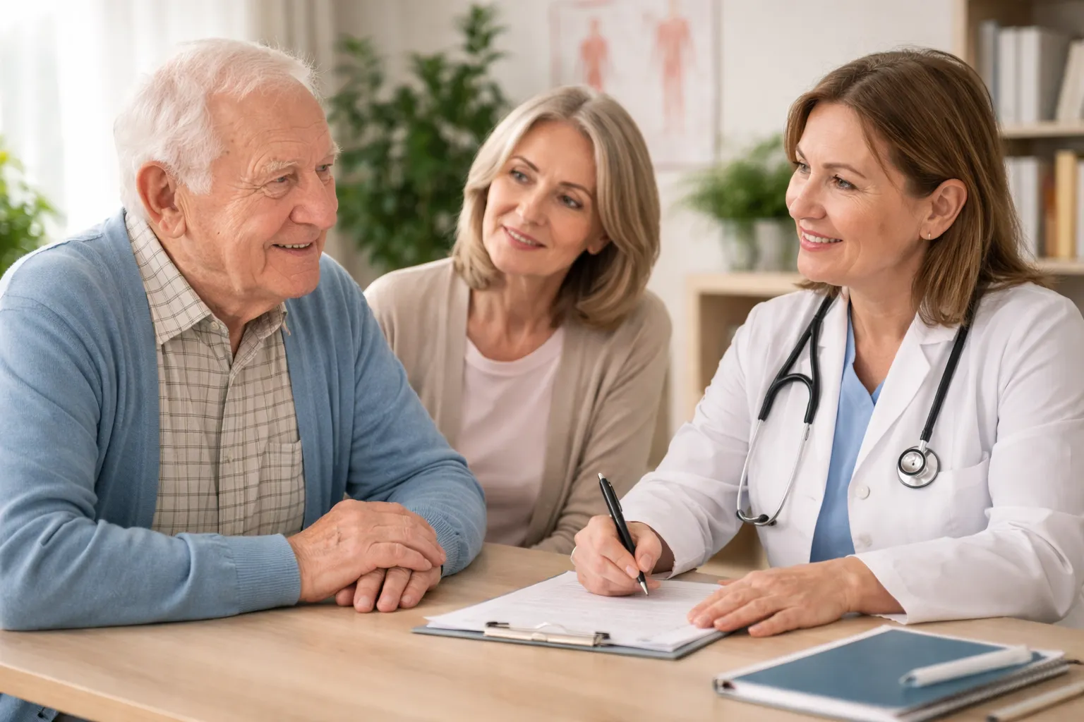 A nurse holds a senior woman's hand while talking with an elderly couple in a living room.
