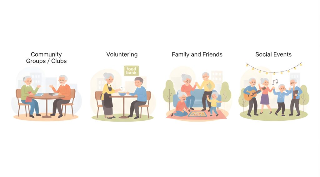 Seniors participating in community groups, volunteering, spending time with family and friends, and attending social events to stay socially connected
