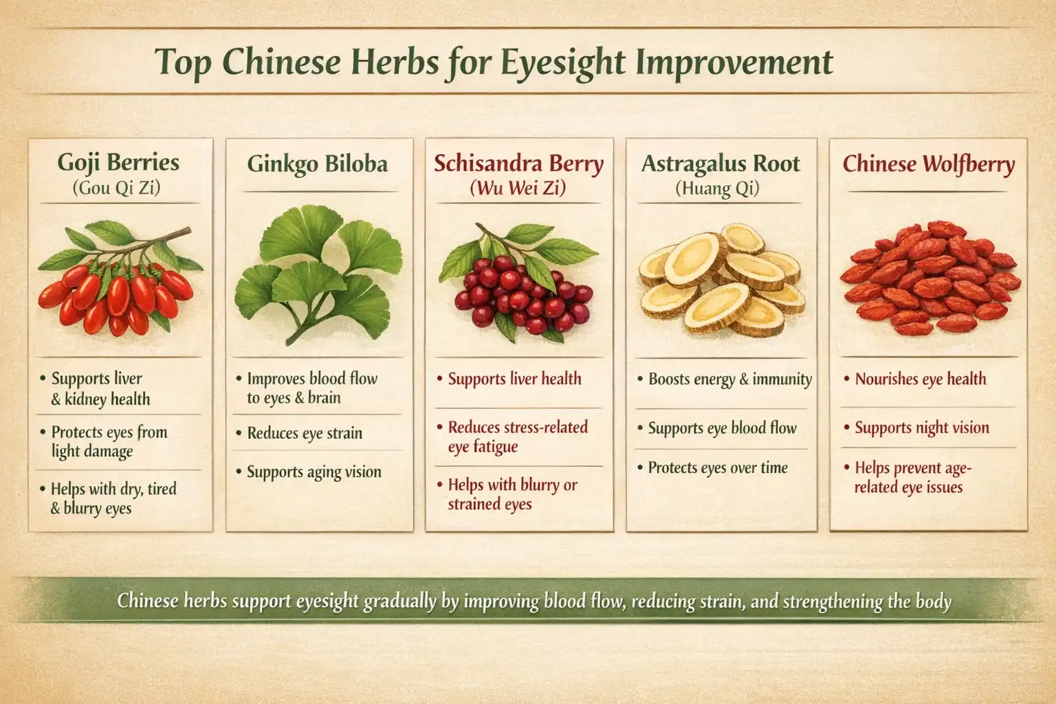Chinese herbs infographic for improving eyesight and eye health.