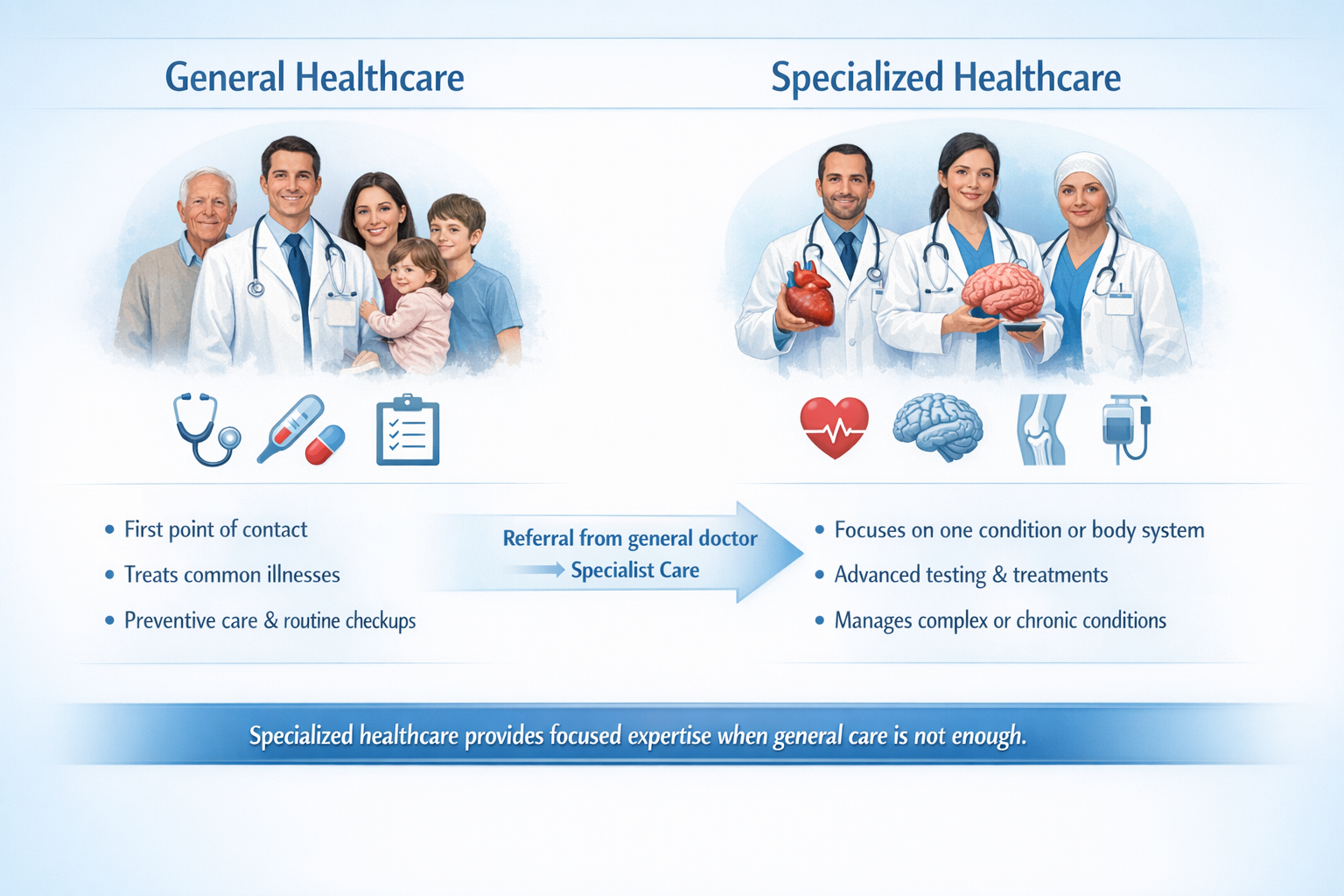 Illustration explaining specialized healthcare versus general healthcare, showing how specialists provide focused treatment for complex conditions.