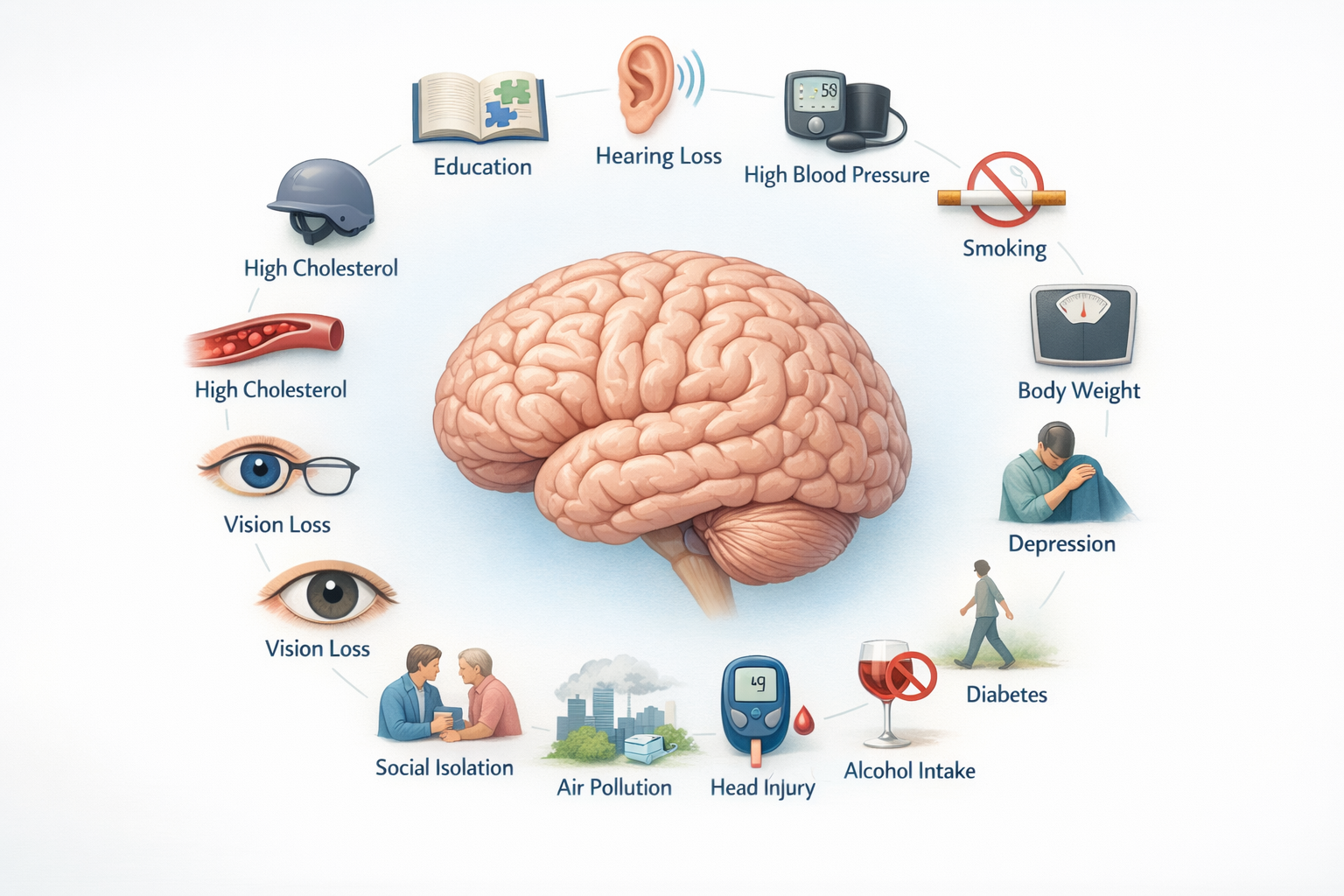 Illustration showing the 14 modifiable dementia risk factors including education, hearing loss, physical activity, blood pressure, social connection, and lifestyle habits.