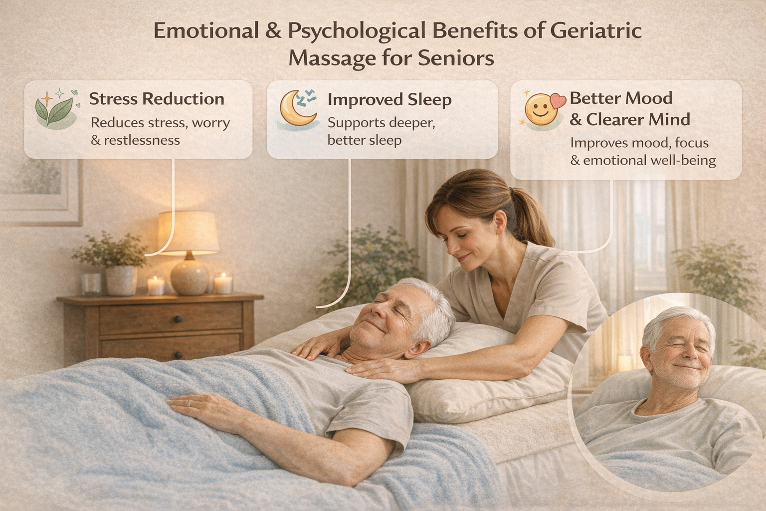 Illustration showing stress reduction, improved sleep, and better mood from geriatric massage for seniors.