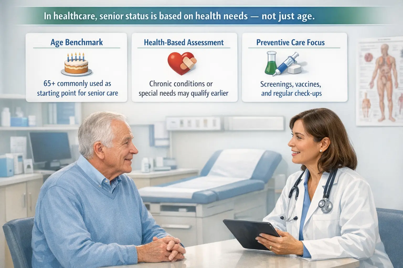 A smiling nurse holds an elderly woman's hand while talking to a senior couple in a home setting.