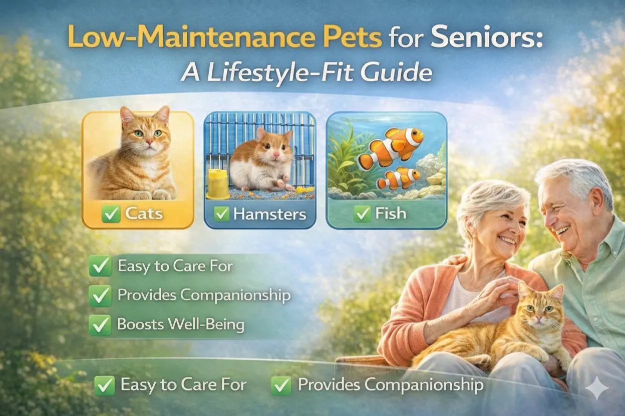 Infographic listing cats, hamsters, and fish as easy-to-care-for pets for seniors.