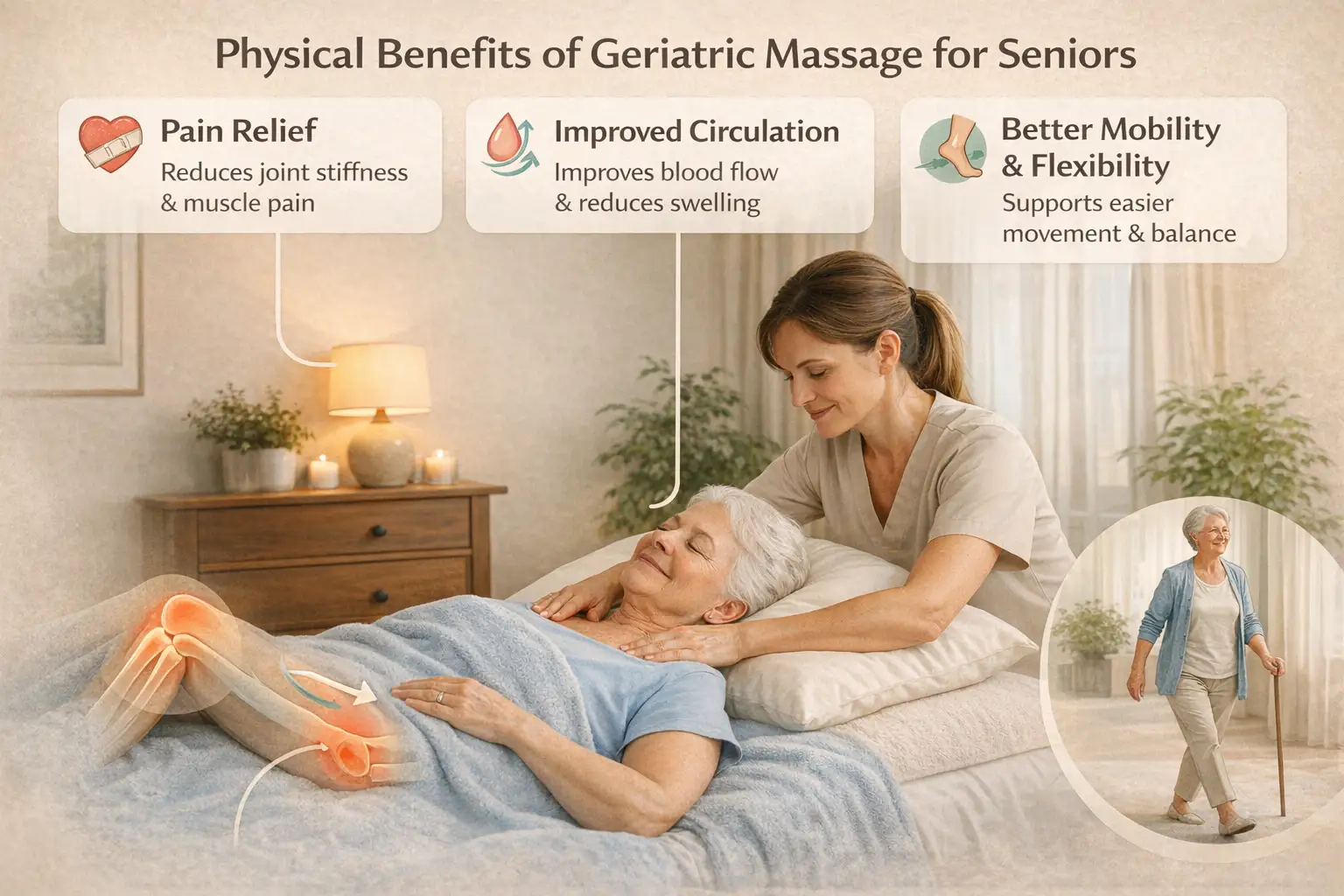 Infographic showing emotional and physical perks of senior massage.