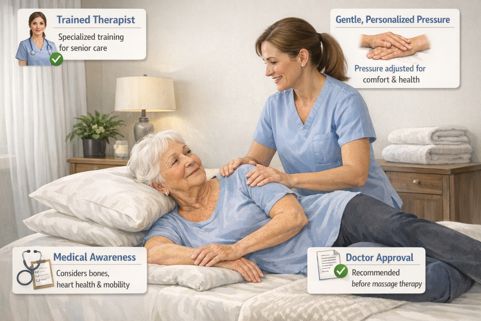 Illustration showing safety measures for geriatric massage including trained therapists, gentle pressure, and medical awareness.