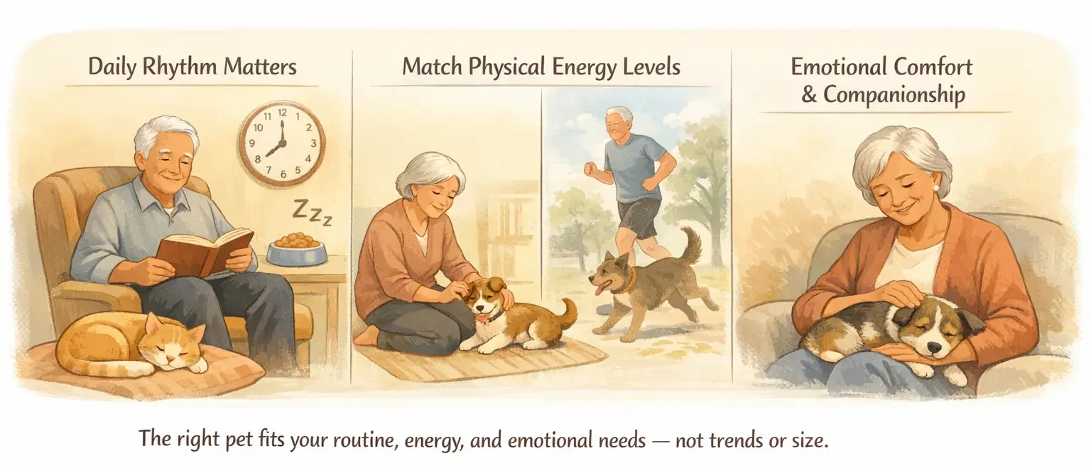Illustration of seniors with pets showing daily routine, matching energy levels, and emotional comfort through companionship