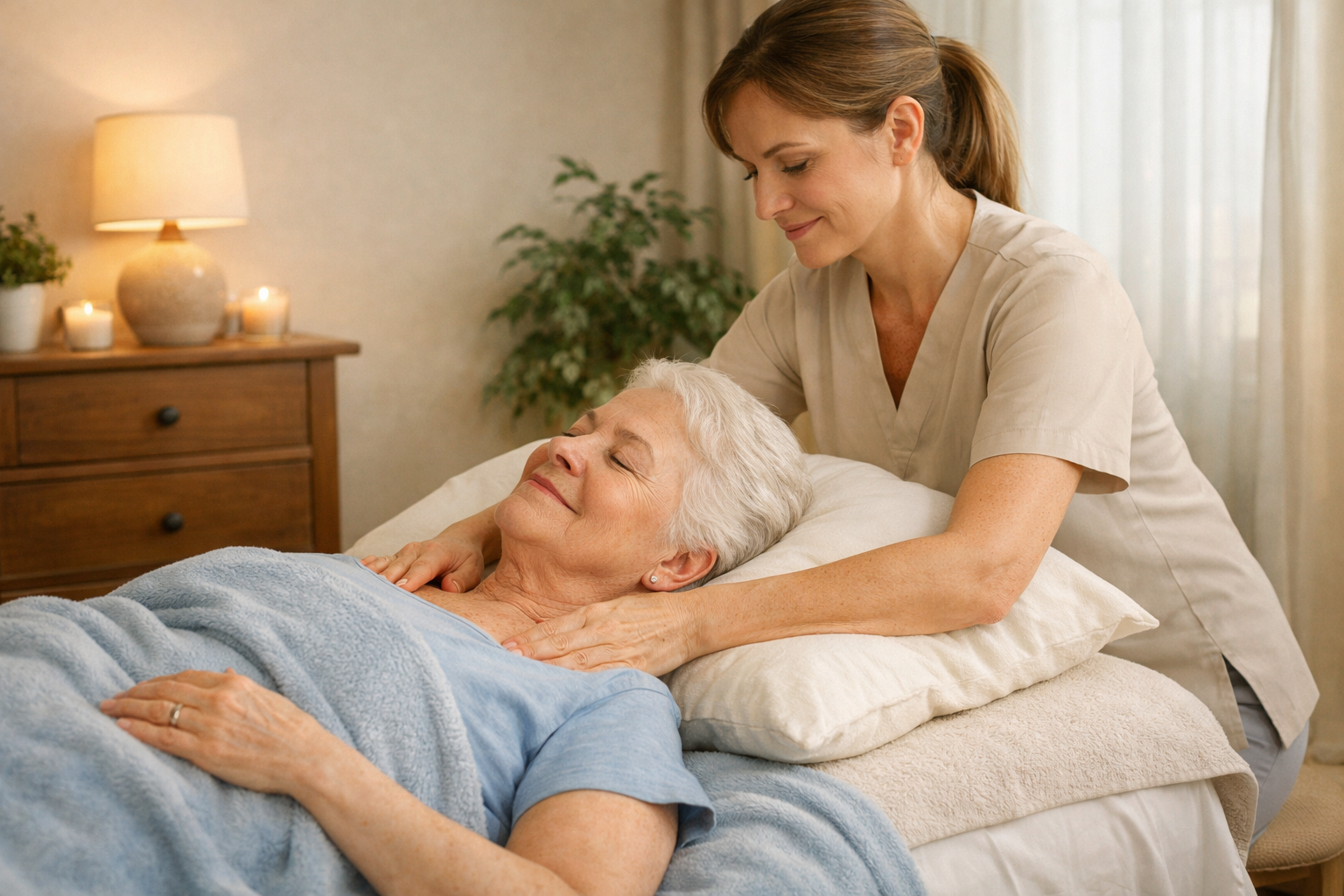 Gentle geriatric massage being performed on an older adult to promote relaxation, circulation, and comfort.
