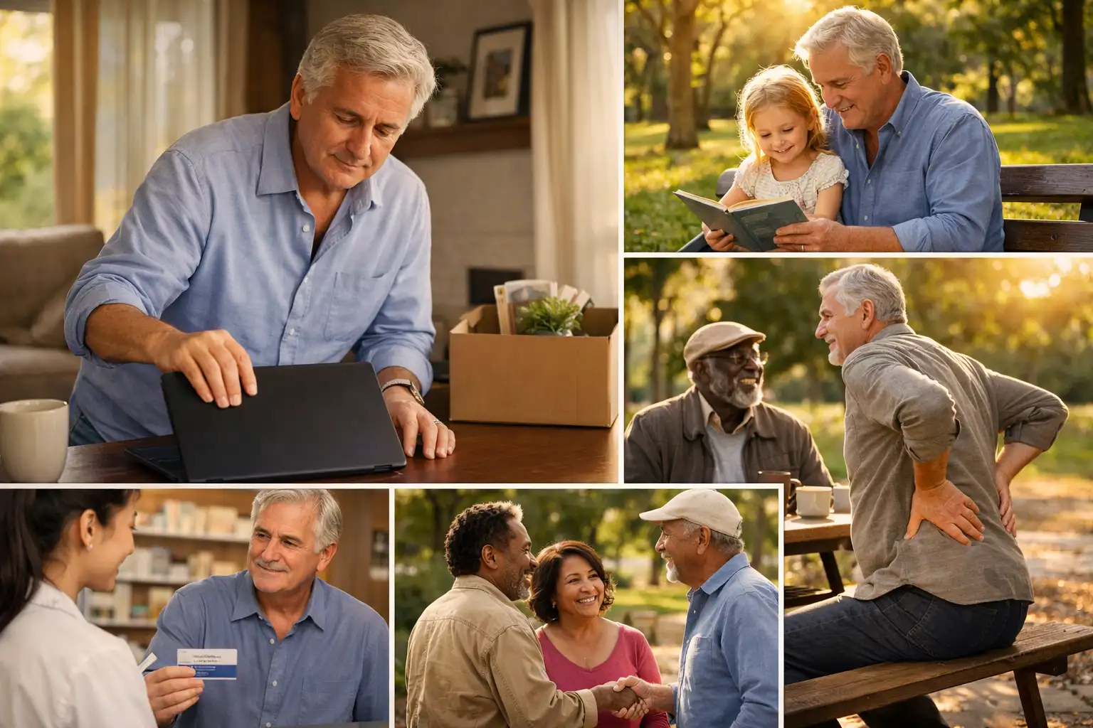 Infographics and photos of senior health and social life.