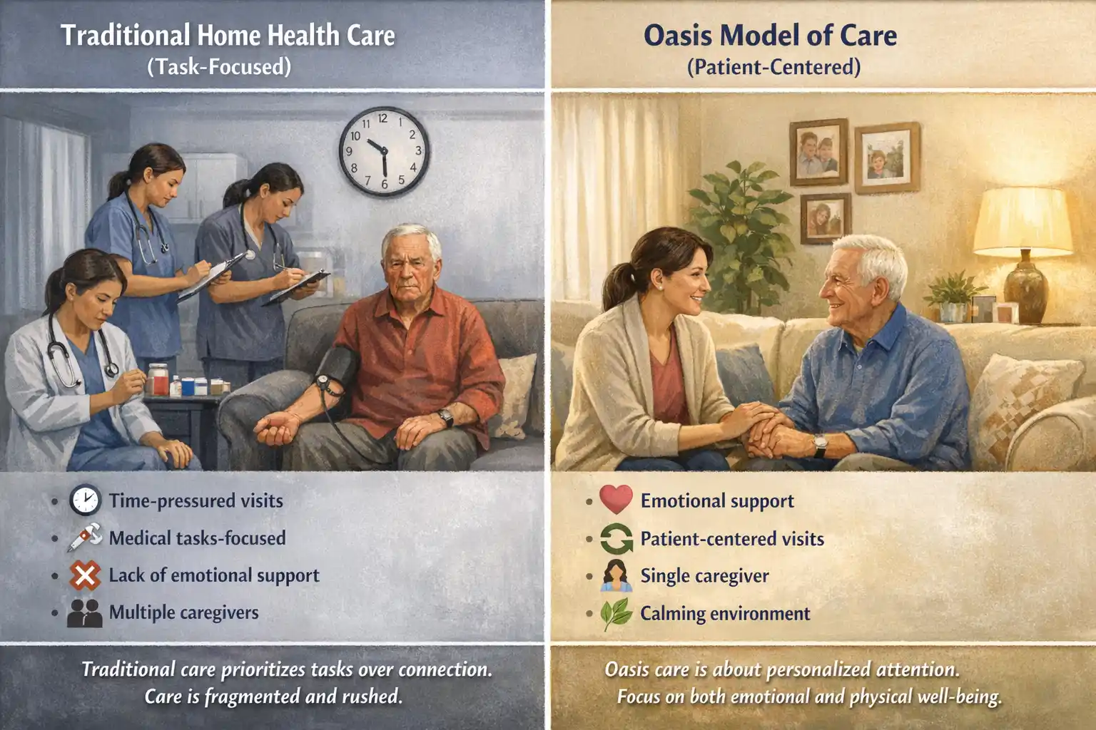 Comparison between Traditional Home Health Care (task-focused) and Oasis Model of Care (patient-centered), highlighting differences in emotional support, caregiver approach, and environment