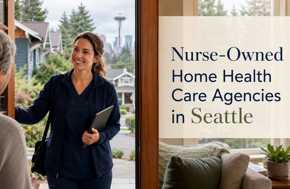 Female home health nurse holding a digital tablet and smiling while greeting a client at their doorstep in Seattle
