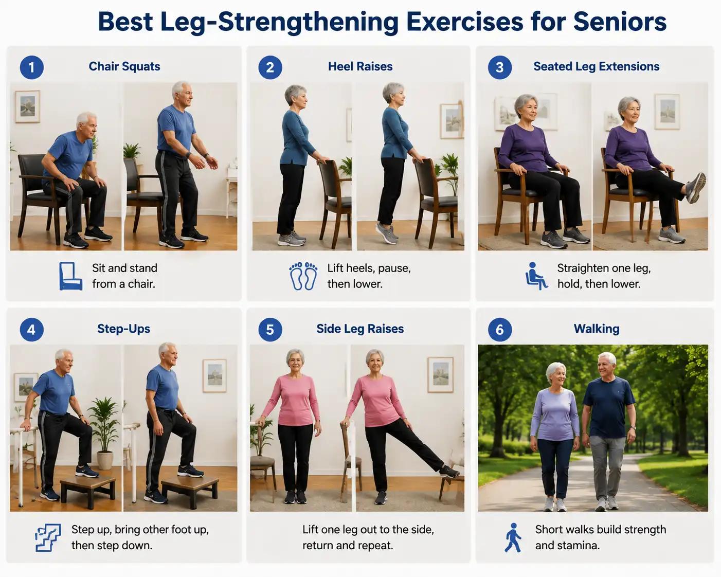Older adults performing safe leg-strengthening exercises including chair squats, heel raises, seated leg extensions, step-ups, side leg raises, and walking to improve strength, balance, and mobility.
