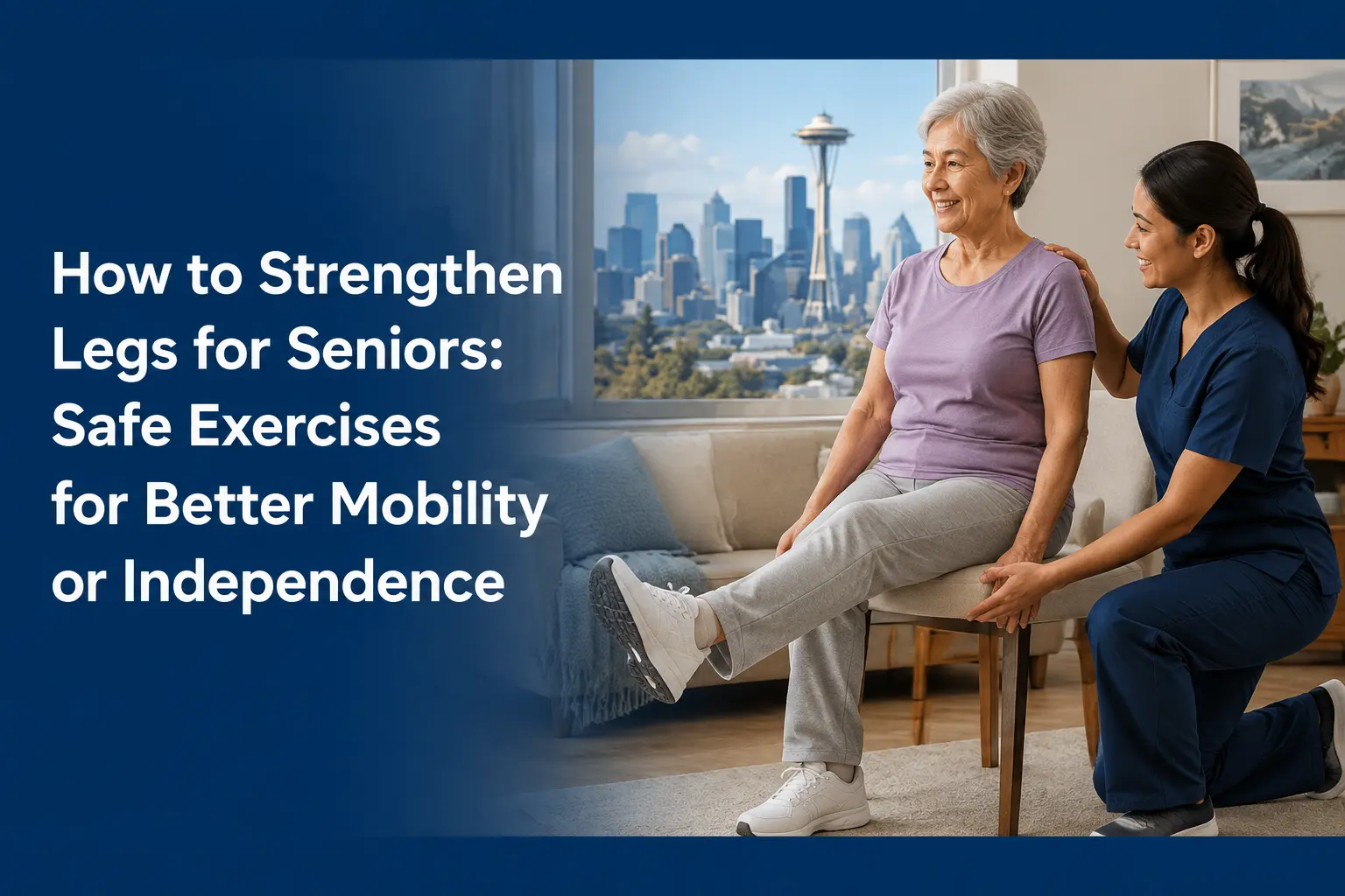 Senior performing safe leg strengthening exercises with caregiver support to improve mobility, balance, and independence