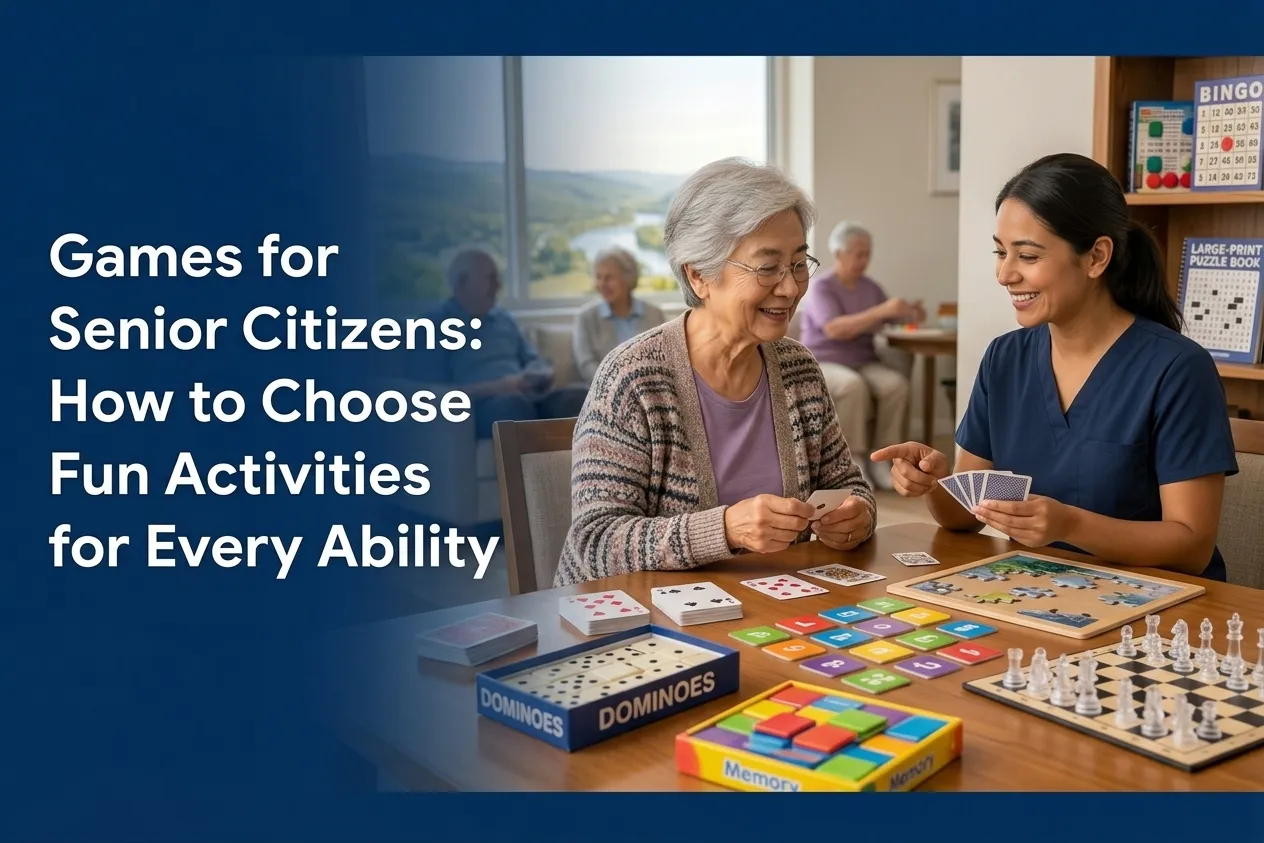 A friendly senior woman with glasses and her caregiver playing a card game at a table filled with assorted games, including Dominoes, a memory puzzle, and chess. Background shows other seniors in a community setting, illustrating the diverse options of games for senior citizens.