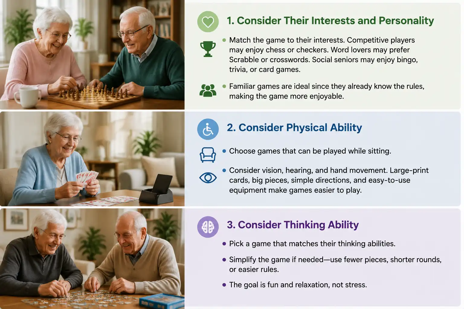 Realistic infographic showing how to choose suitable games for seniors based on interests, physical ability, and thinking skills, featuring elderly people enjoying chess, card games, and puzzles with tips for accessible and relaxing gameplay.