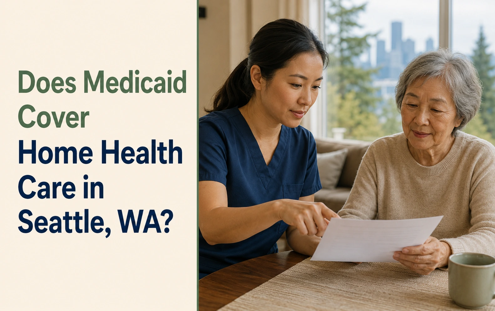 Home health care professional reviewing Medicaid coverage information with an older woman in a Seattle home.