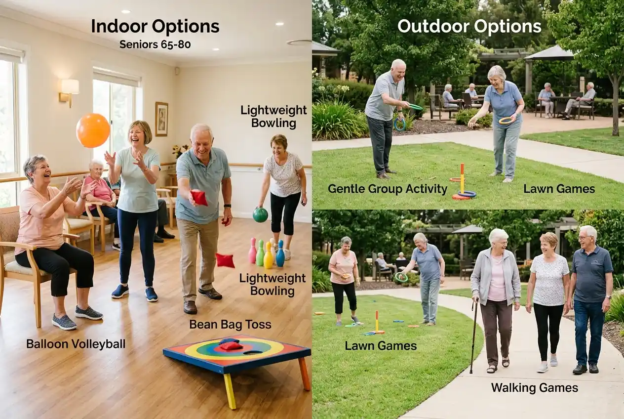 A composite infographic showing seniors participating in indoor and outdoor physical games including balloon volleyball, bean bag toss, lightweight bowling, ring toss lawn games, and walking activities.