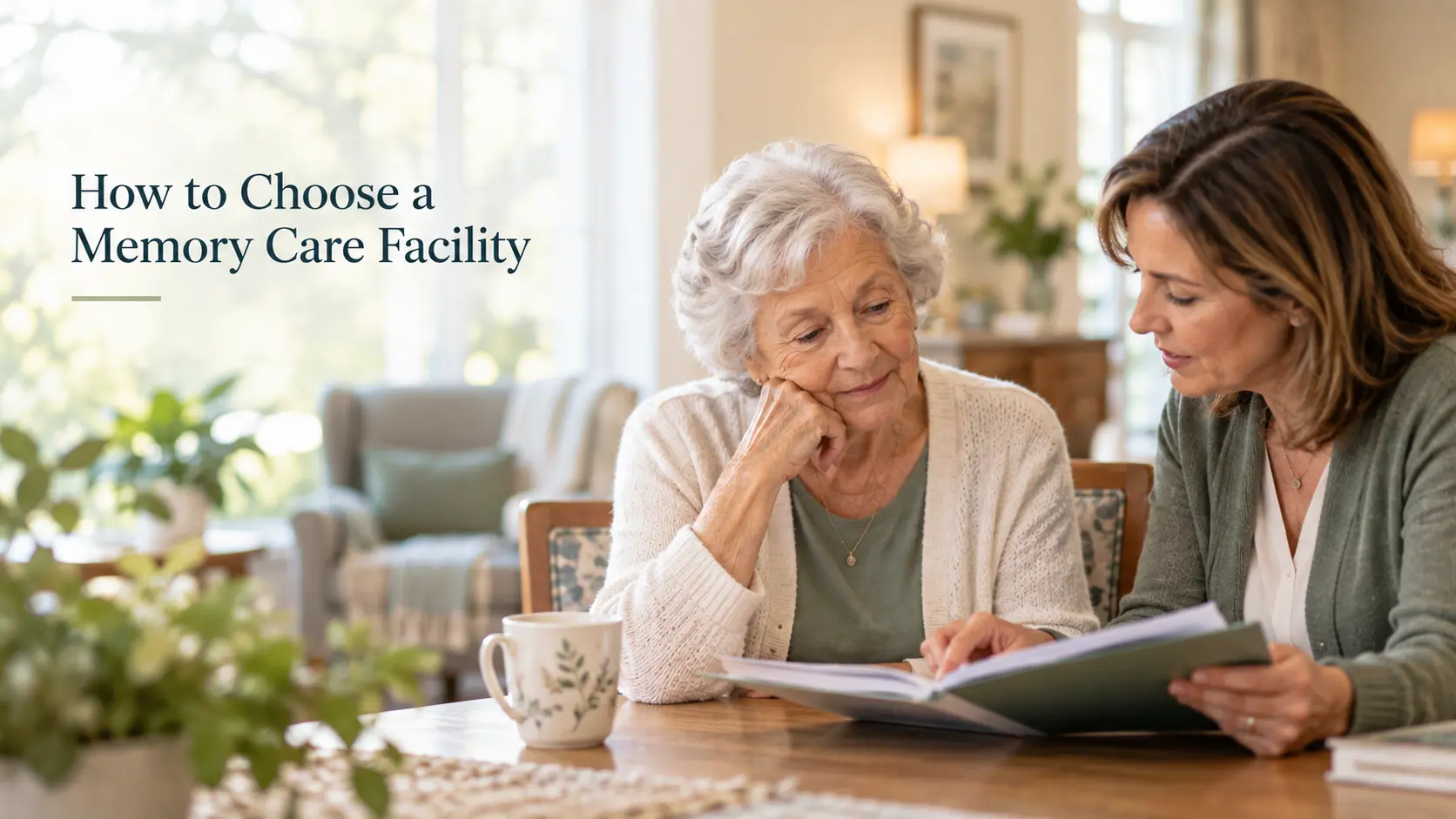Older woman and caregiver reviewing information about choosing a memory care facility at home